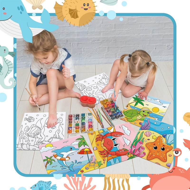 Anseal 8 Pack Pre Drawn Canvas for Painting, 8" X 8" Cute Animals Painting Canvas Bulk, Art Canvases for Painting for Kids Students School Home (Ocean) - Image 5